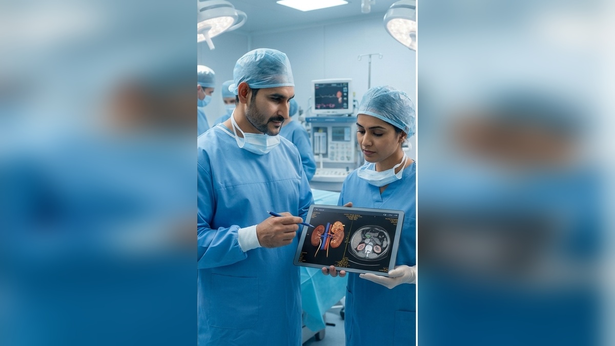 Dr. Kavish Sharma and surgical team conducting 3D living donor kidney transplant anatomical evaluation