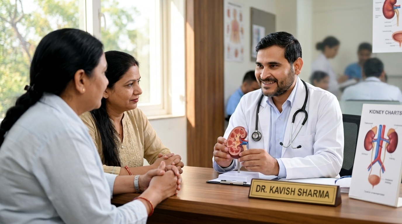 Dr. Kavish Sharma conducting nephrology consultation with Indian patient
