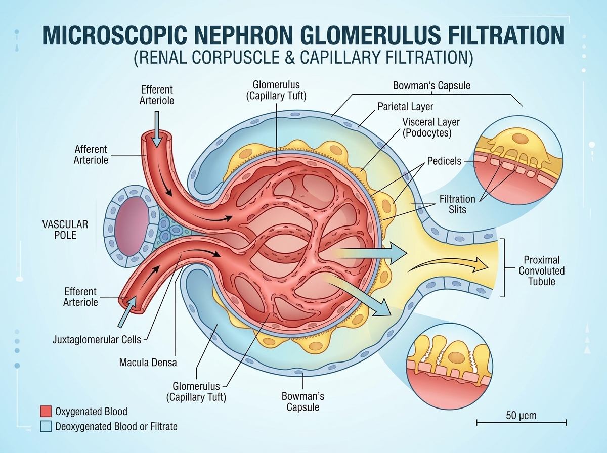 Microscopic Nephron Glomerulus Filtration showing Bowman's Capsule, Podocytes and Capillaries