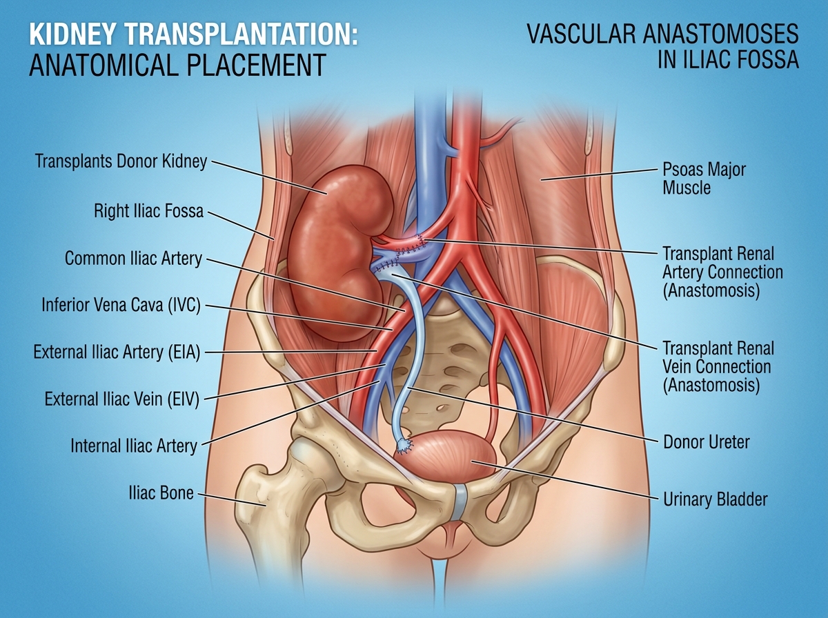 Kidney Transplantation Placement showing Donor Graft Anastomoses in Iliac Fossa
